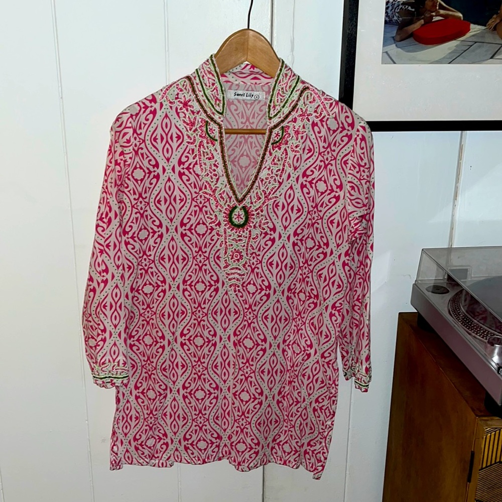 Sweet Lily Kaftan/Swimsuit Cover w/ Beautiful Beaded Neckline & Cuffs